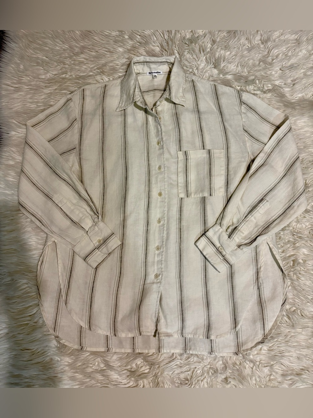 Reformation Linen Cream Button-Down Shirt with Brown Stripes